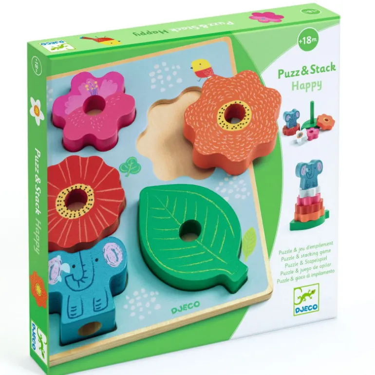 Puzzle d'encastrement et jeu d'empilement "Puzz & Stack Happy" 1074<Djeco Shop